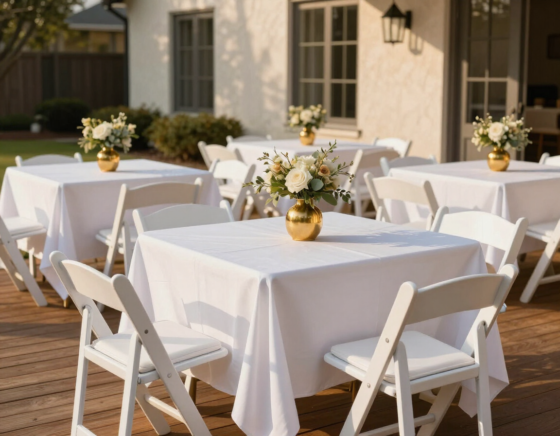Tables and chairs event decoration setup on residential patio with white linens and gold vases in Richmond TX
