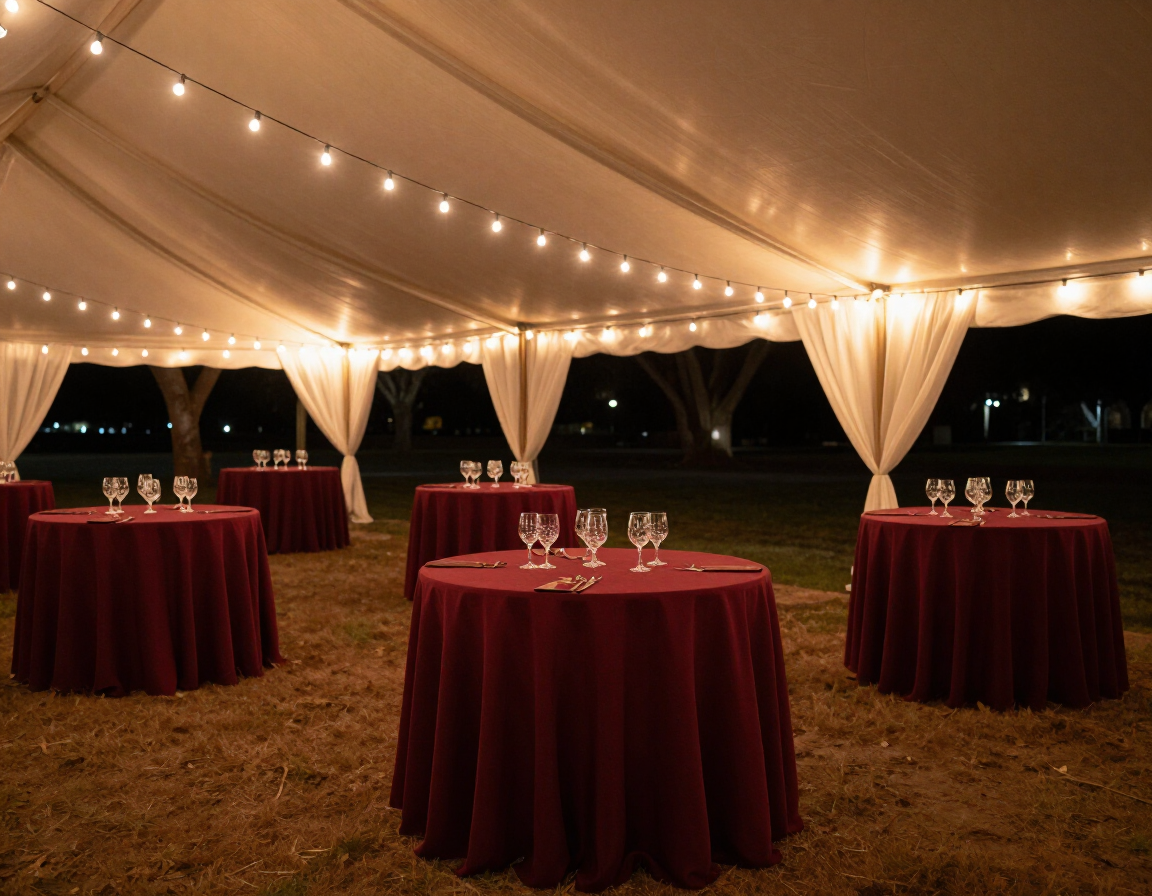 Tent event decoration setup at night with string lights, draped fabric ceiling, and burgundy table skirting Richmond TX