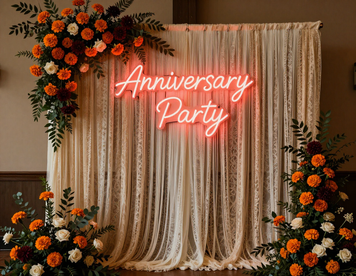 Custom event decoration backdrop wall with fringe curtain, neon signage, and fresh florals for an anniversary party