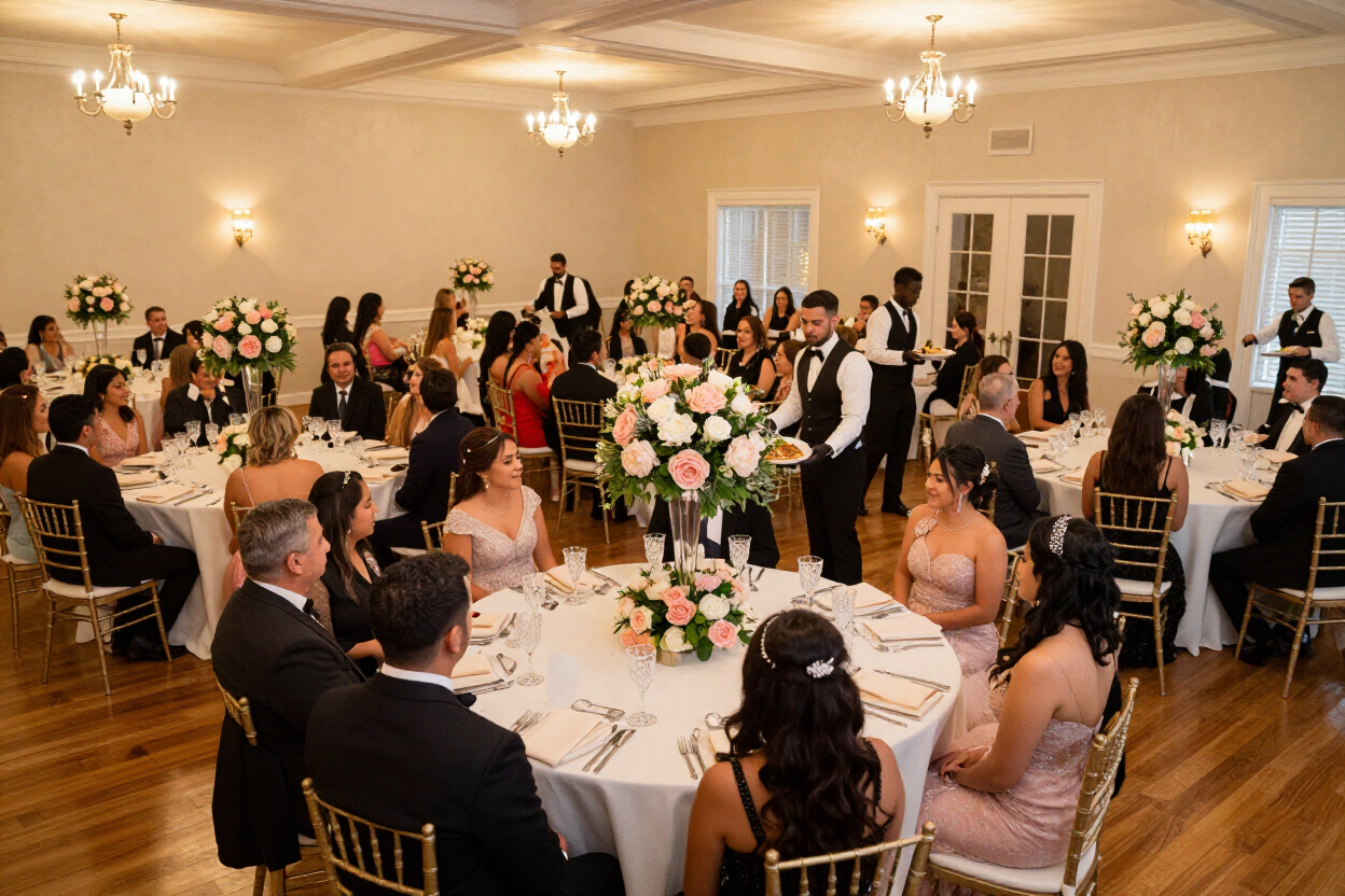 Professional servers presenting dishes at an event catering Richmond TX celebration with guests at decorated tables