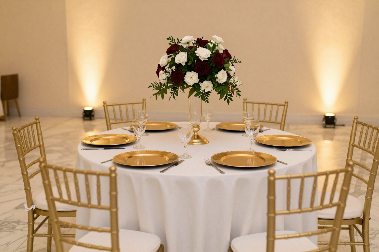Party rental setup with round banquet table, white linens, gold charger plates and chiavari chairs in Richmond TX
