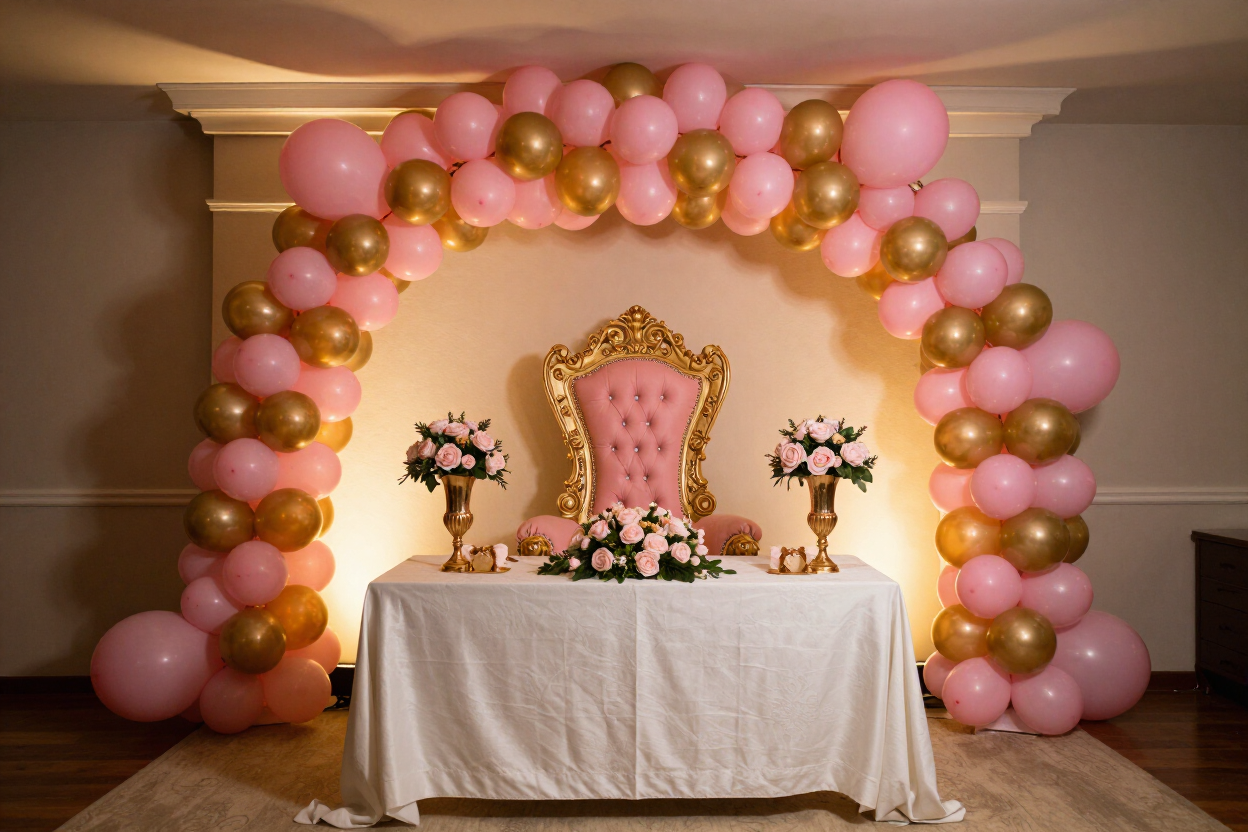 Quincea&ntilde;era hall decorated with pink and gold balloon arch, throne chair, and warm uplighting by Luxury Decor Romo's