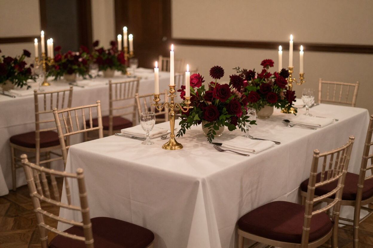 Custom event decoration for wedding reception with white linens, gold candelabras, and burgundy floral centerpieces in Richmond TX
