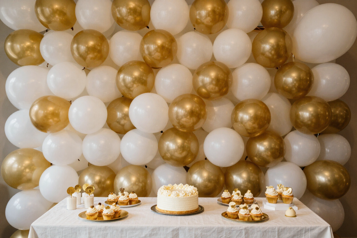 Birthday party setup with gold and white balloon wall backdrop and styled dessert table in Fort Bend County TX