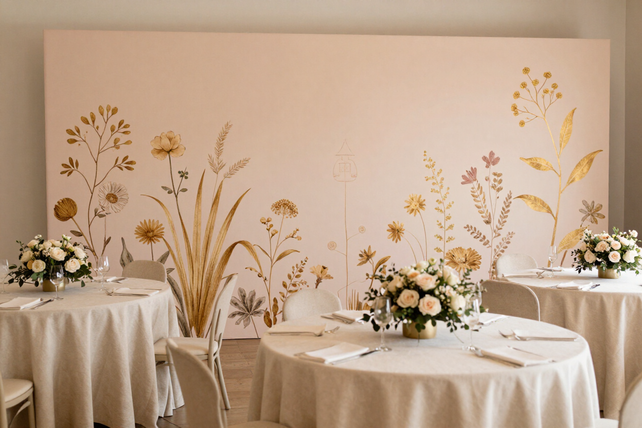 Baby shower decoration with blush and gold flower wall backdrop and styled round tables in Richmond TX
