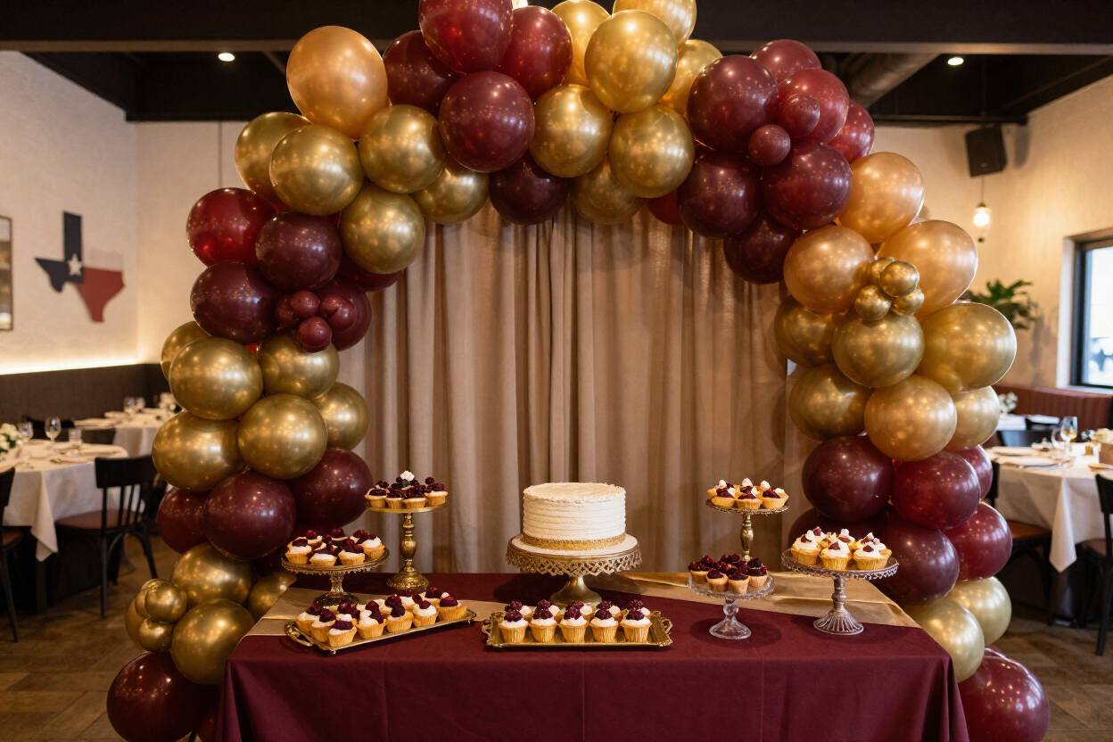 Birthday party decoration setup with balloon arch, styled dessert table with gold accents, and draped burgundy backdrop inside a Texas event space