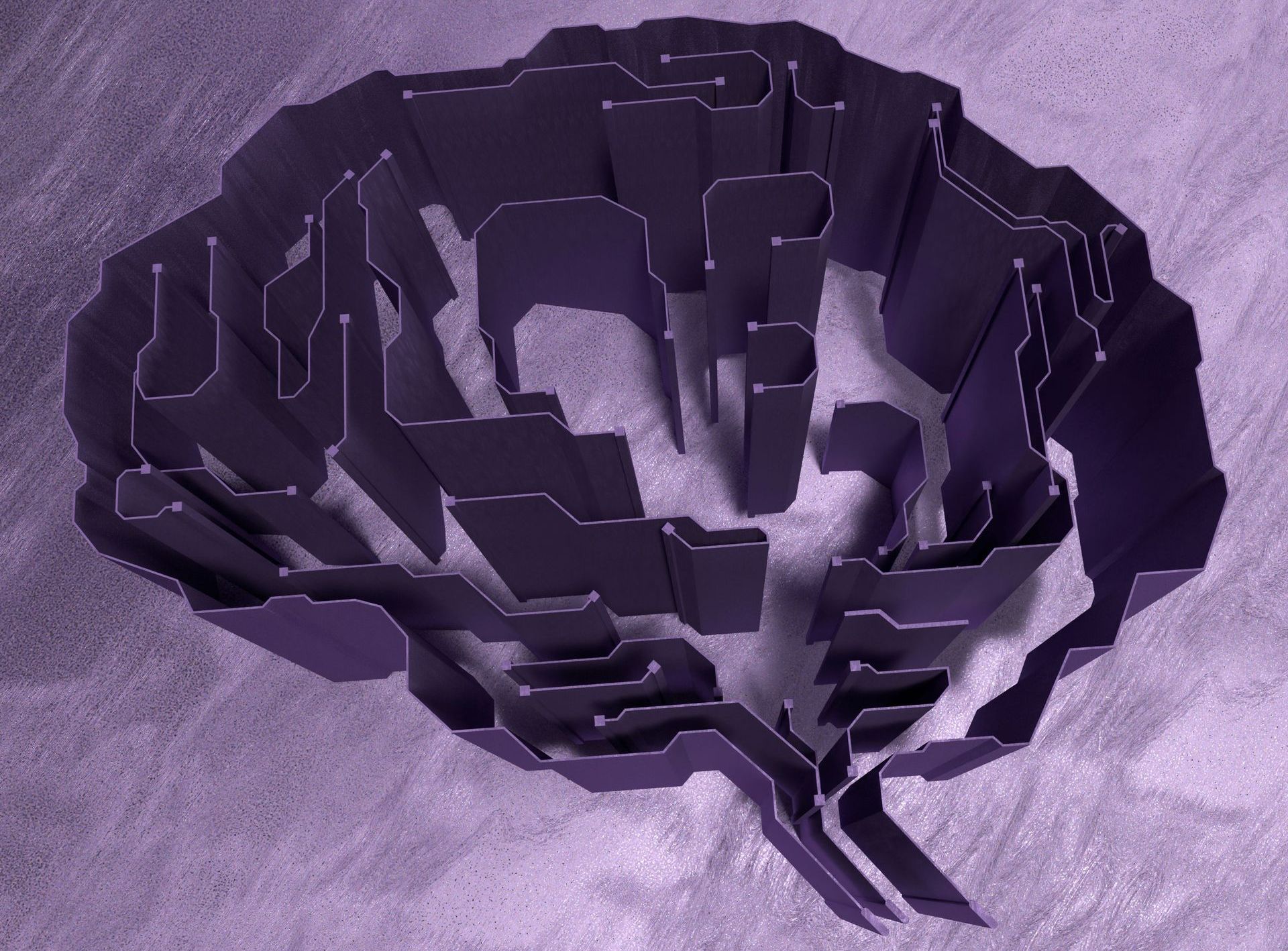 A three-dimensional purple brain model with circuit-like pathways throughout, representing the complex neural networks involved in automatic thought patterns and how the mind creates suffering through repetitive thinking.