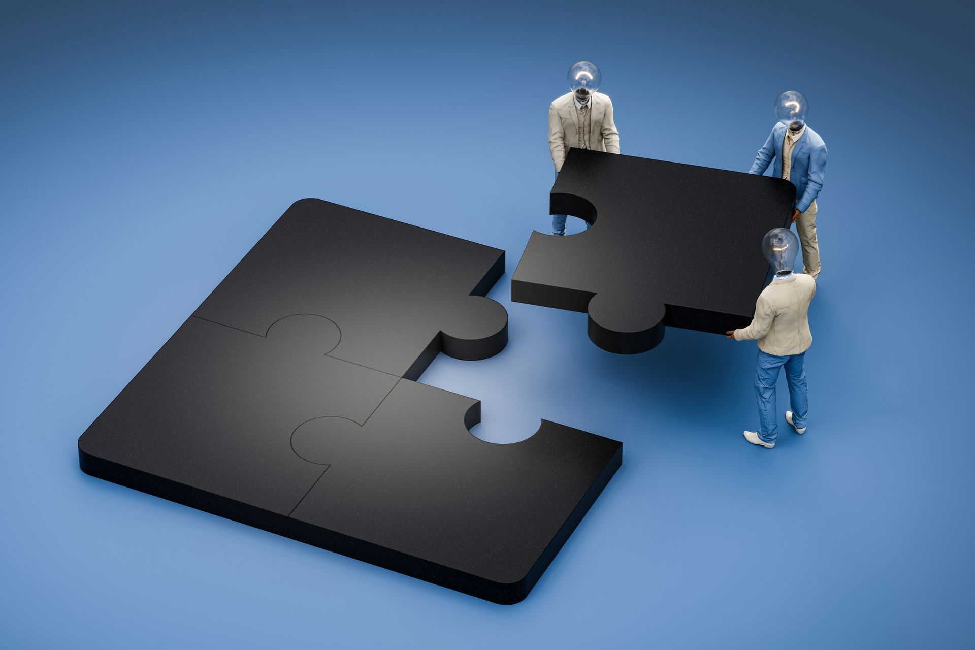 Miniature figures working together to connect puzzle pieces, representing the missing piece of nervous system regulation in trauma treatment.