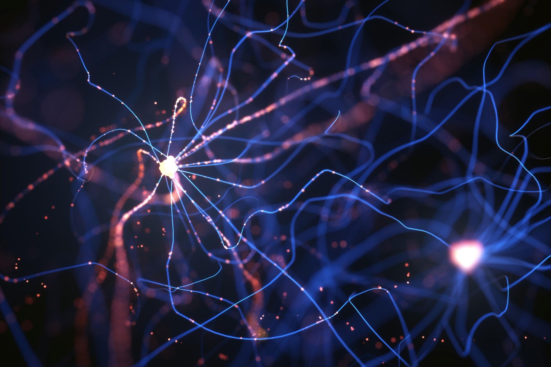 Blue and purple visualization of neural networks, representing how trauma is stored in the nervous system