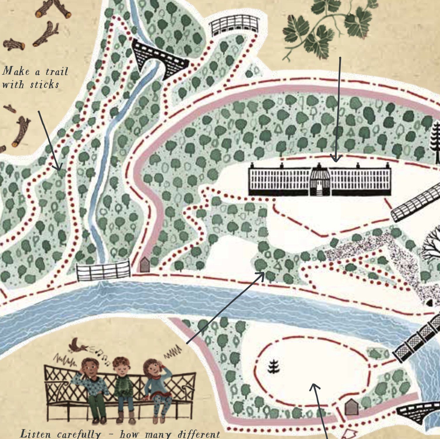 map, pooh sticks, listening, identifying, glasshouses, quarry bank house, woodland, decorative map