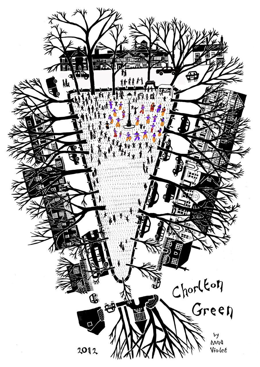 anna violet illustrator, chorlton, manchester, black and white, print, quirky, townscape,