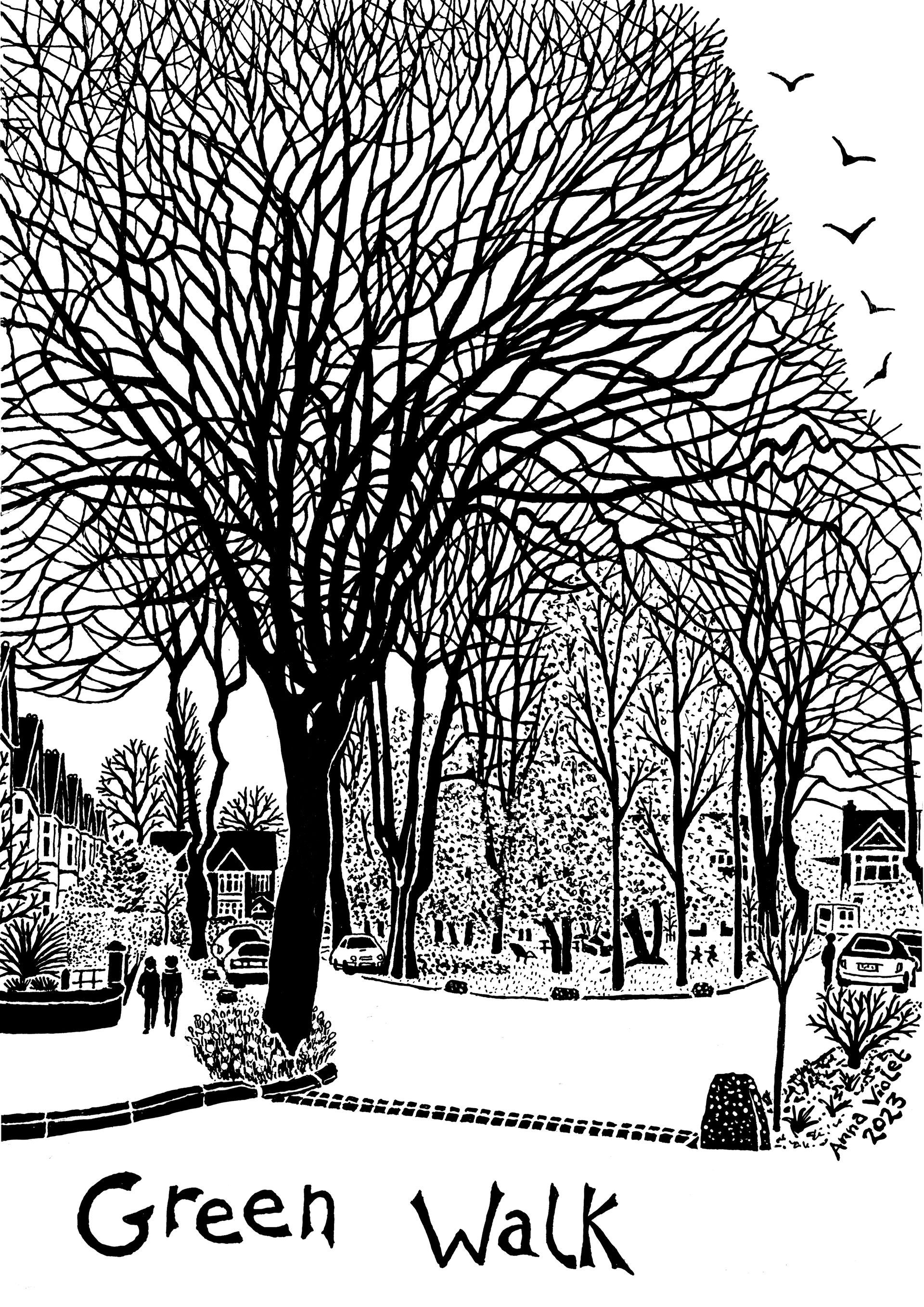 black and white, illustration, graphic, bold, green walk, green walk arts and crafts open house, whalley range, manchester, anna violet illustrator,