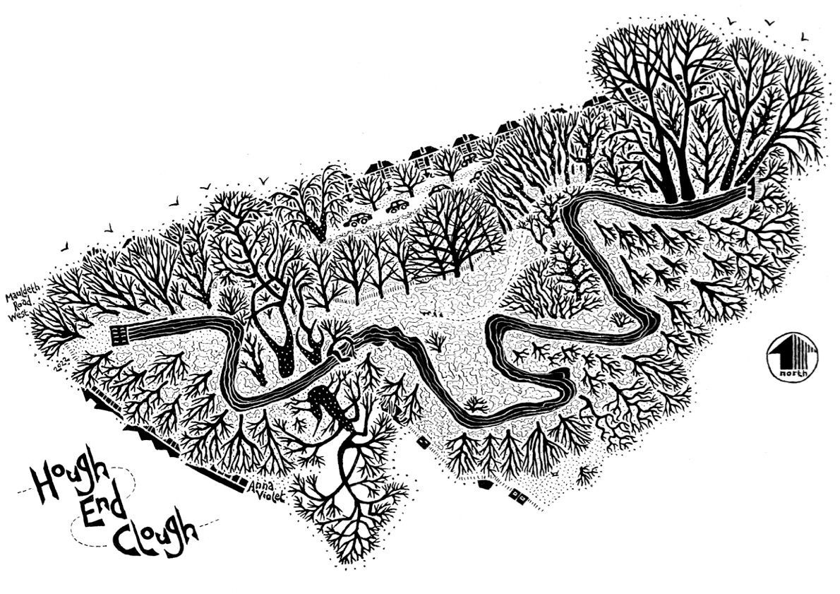 black and white, illustration, graphic, bold, poplar trees, chorlton brook, hough end fields, manchester, anna violet illustrator,