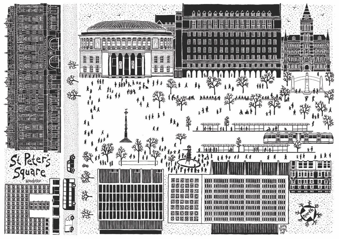anna violet illustrator, black and white, manchester, metrolink, foxglove trees, midland hotel, manchester city library, manchester town hall,