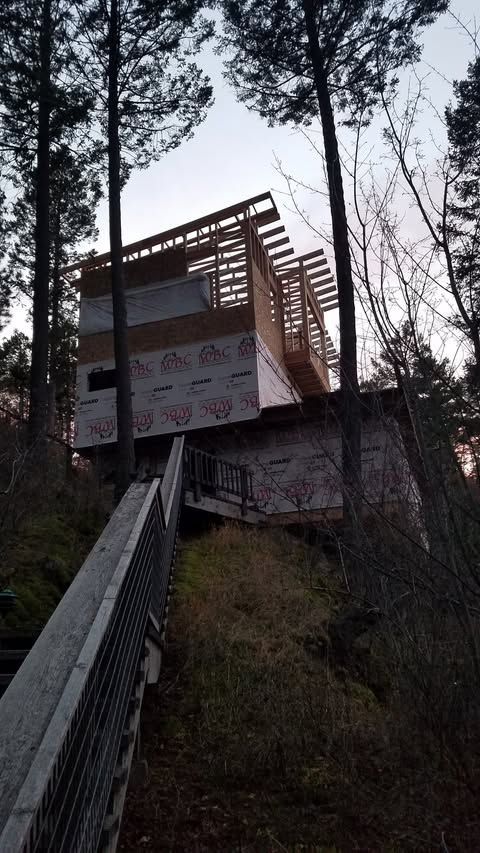 Steep hillside building under construction among tall pine trees, with a slanted wooden ramp leading up.