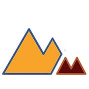 Orange and brown mountain icons with blue outlines on a white background