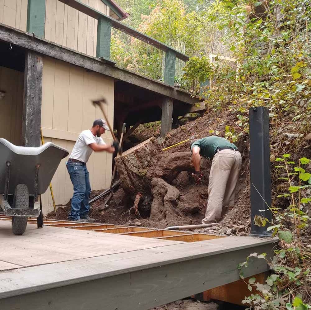 Two workers clearing a large fallen tree root on a wooden deck beside a house.