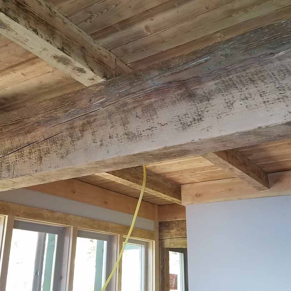 Wooden ceiling beam with mold spots in an unfinished room, with a yellow cord hanging down.