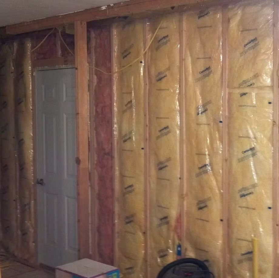 Unfinished basement wall with exposed wooden studs, insulation, and a gray door on the left.