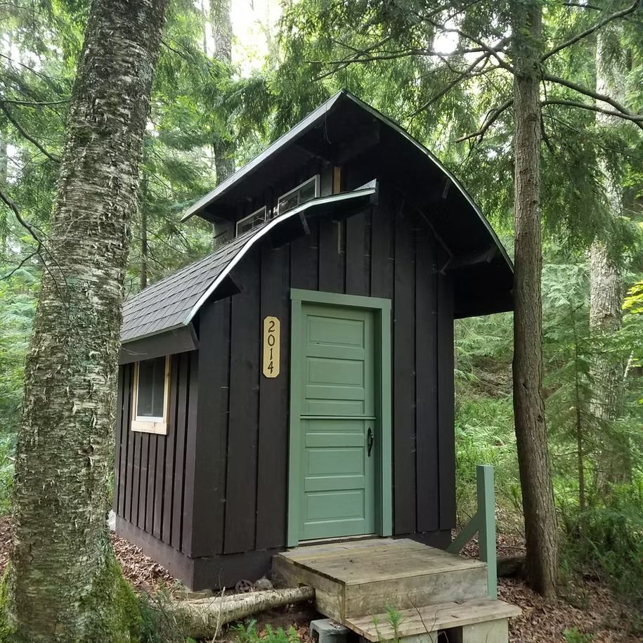 Small black wooden cabin with a mint-green door in a forest, with steps leading up to it