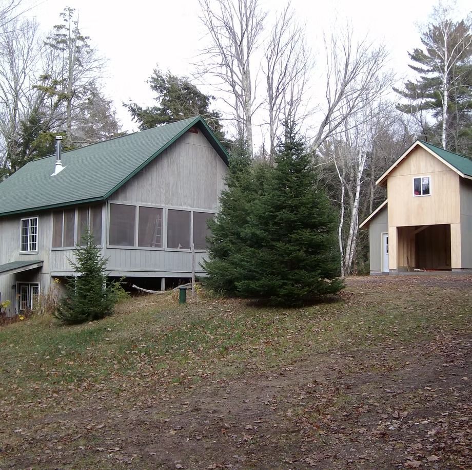 Two small houses with green roofs on a wooded hillside, with a large evergreen tree in front.