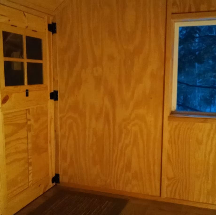 Empty unfinished room with plywood walls, a wooden door, and a window at dusk.