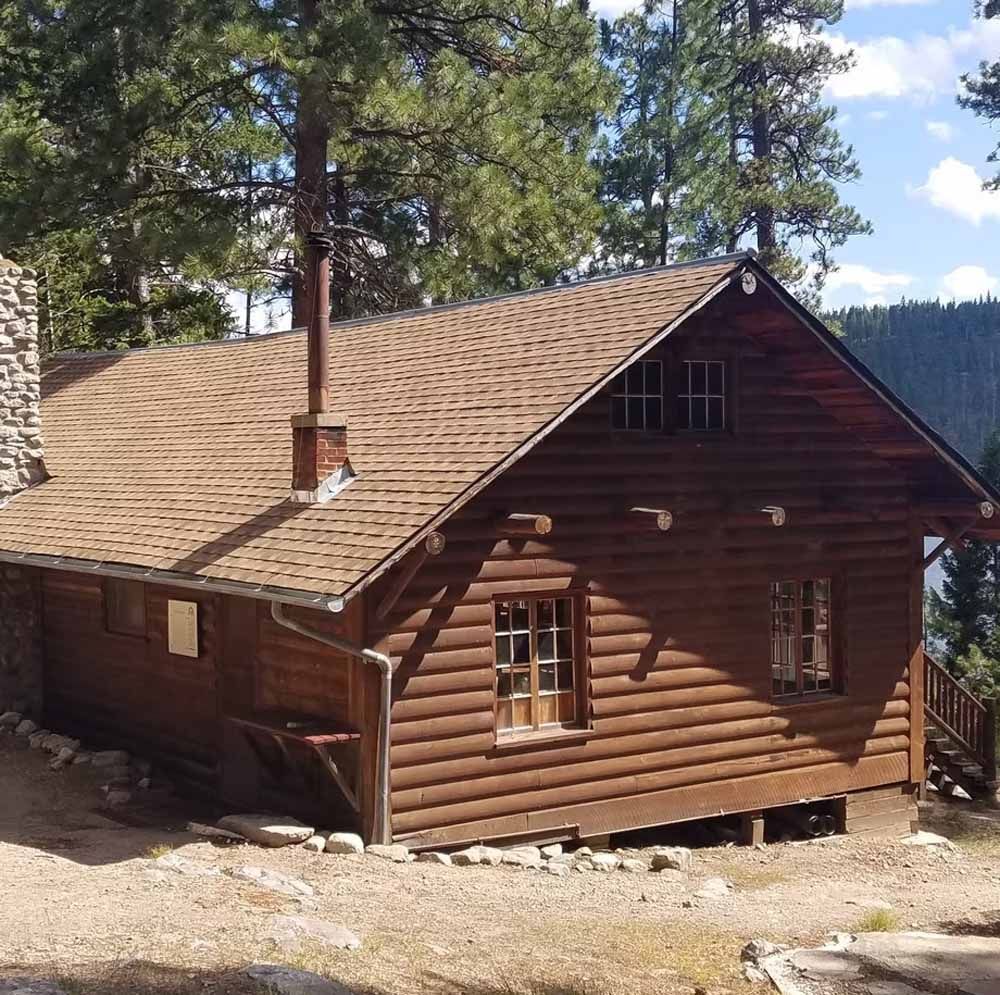 Rustic wooden cabin with a shingled roof among tall pine trees on a sunny hillside.