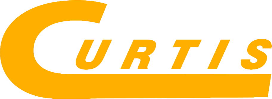 A yellow and white logo for curtis on a white background