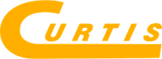 A yellow and white logo for curtis on a white background