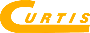 A yellow and white logo for curtis on a white background