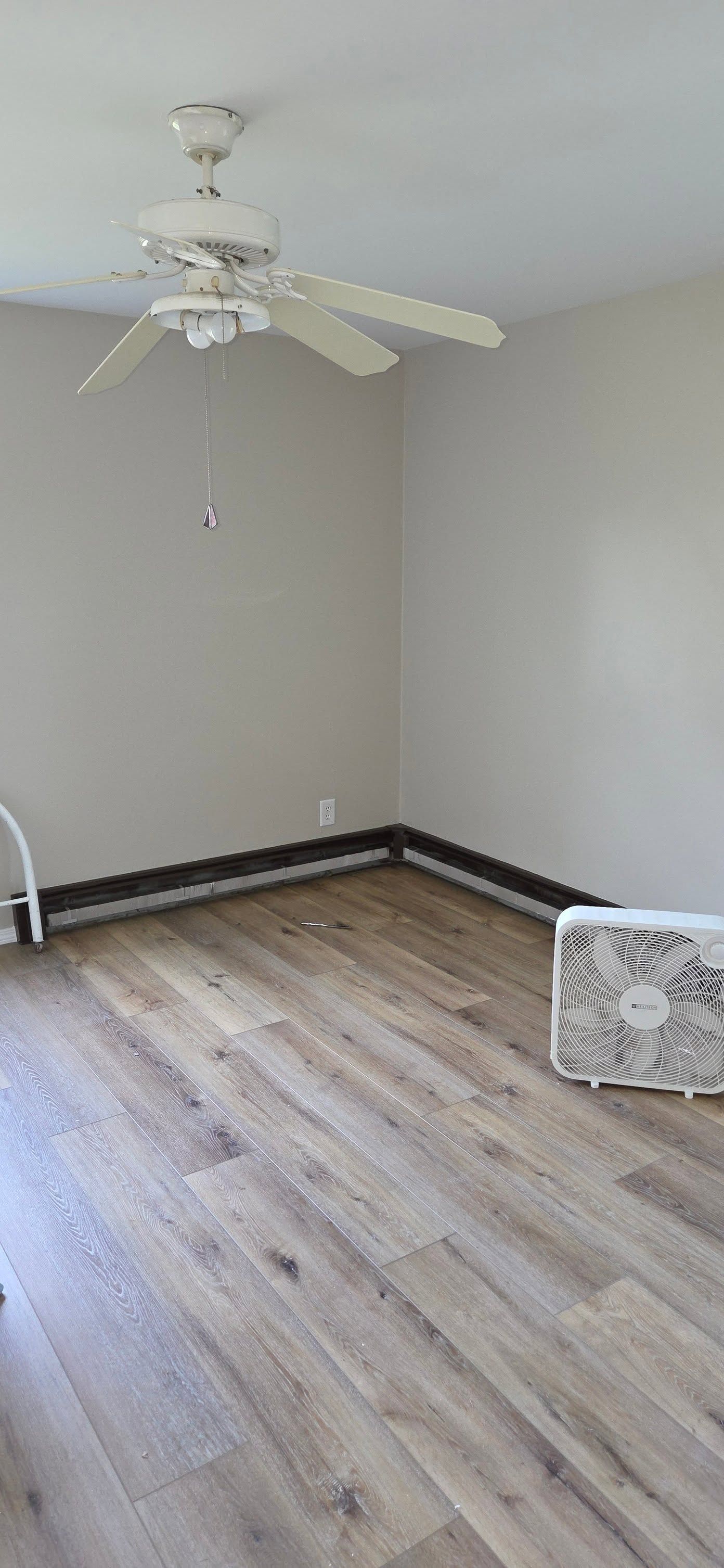 Empty room with light gray walls, wood flooring, white ceiling fan, and a small basket in the corner