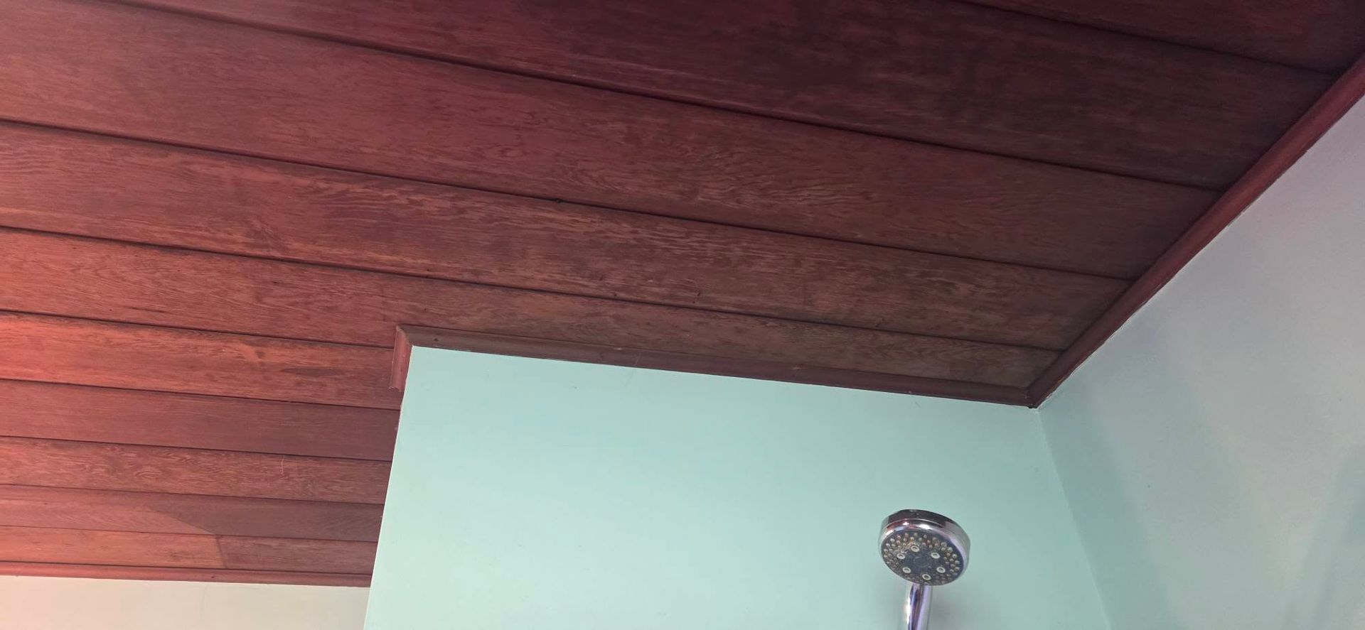 Wooden ceiling with dark panels above a pale green wall and a small ceiling light fixture