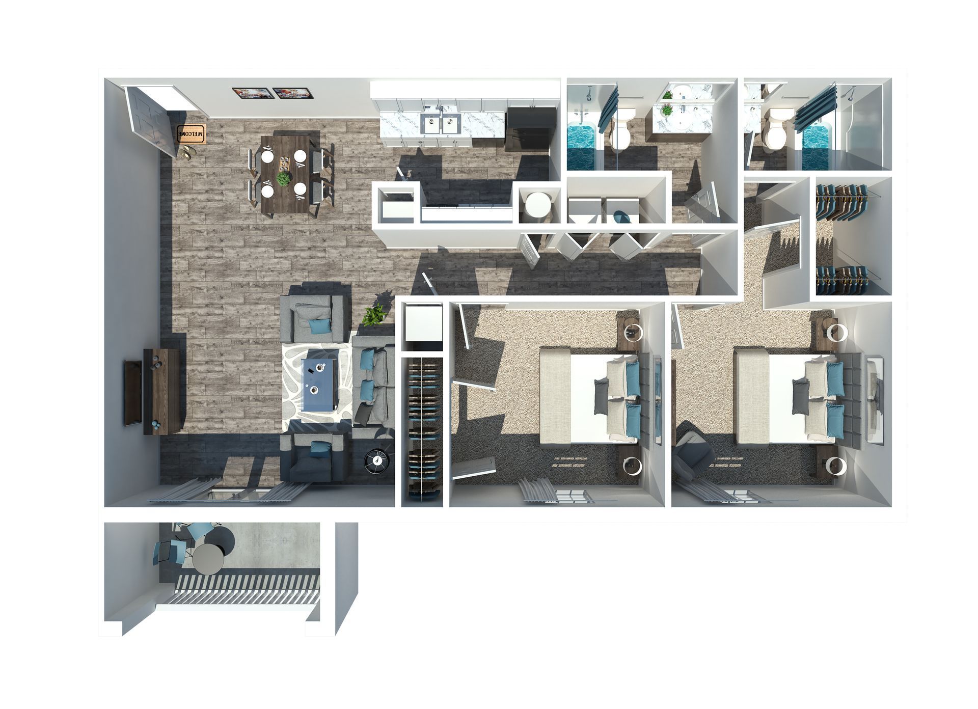Top-down floor plan of a modern apartment with living room, kitchen, bedrooms, bathrooms, and balcony.