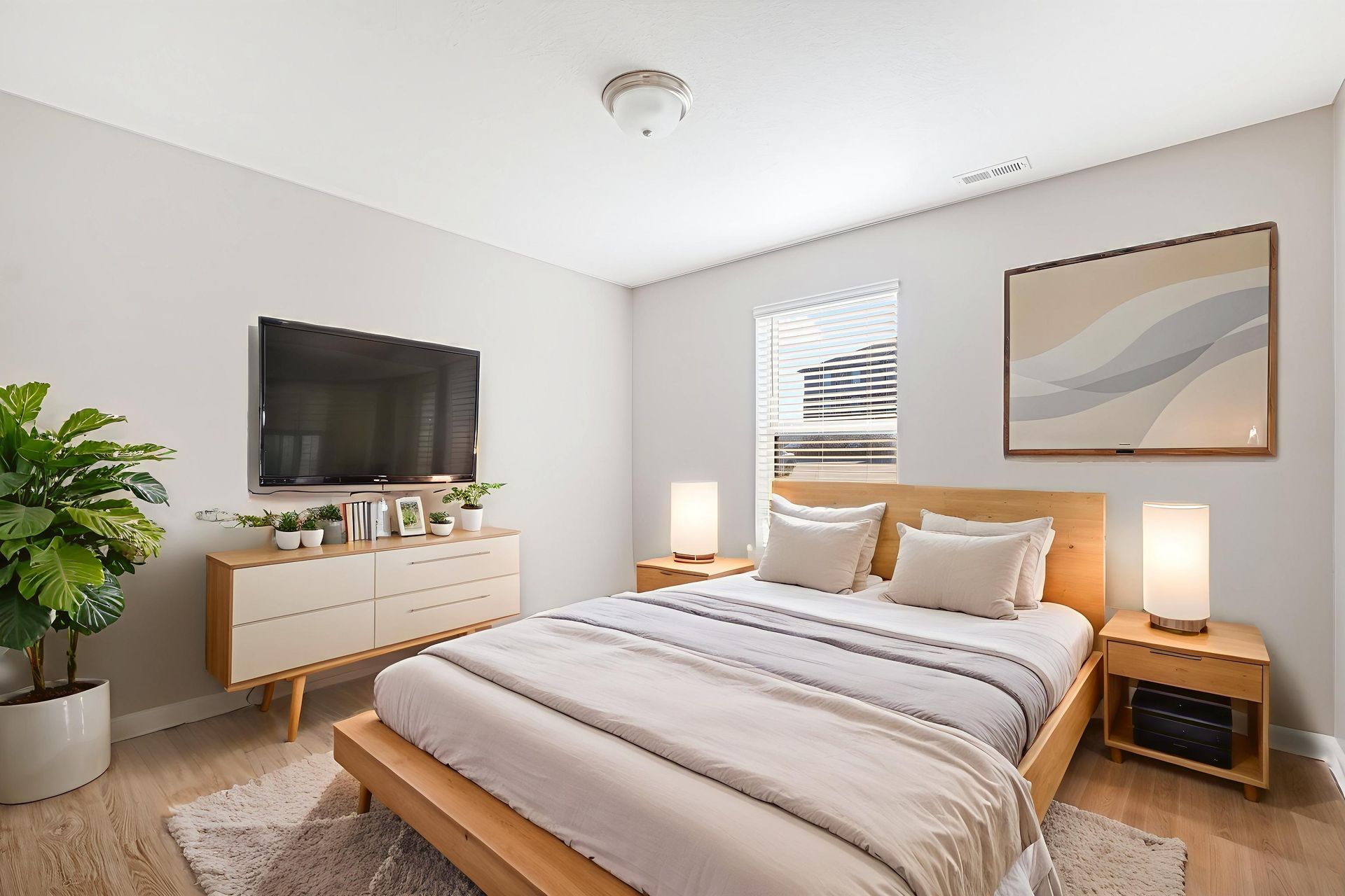 Bright modern bedroom with a wooden bed, TV, dresser, lamp, and two framed wall art pieces.