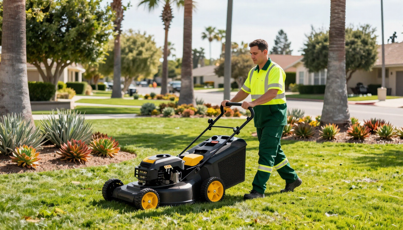 Worker in a neon safety shirt mowing a grassy park lawn with a push mower, palm trees in the background