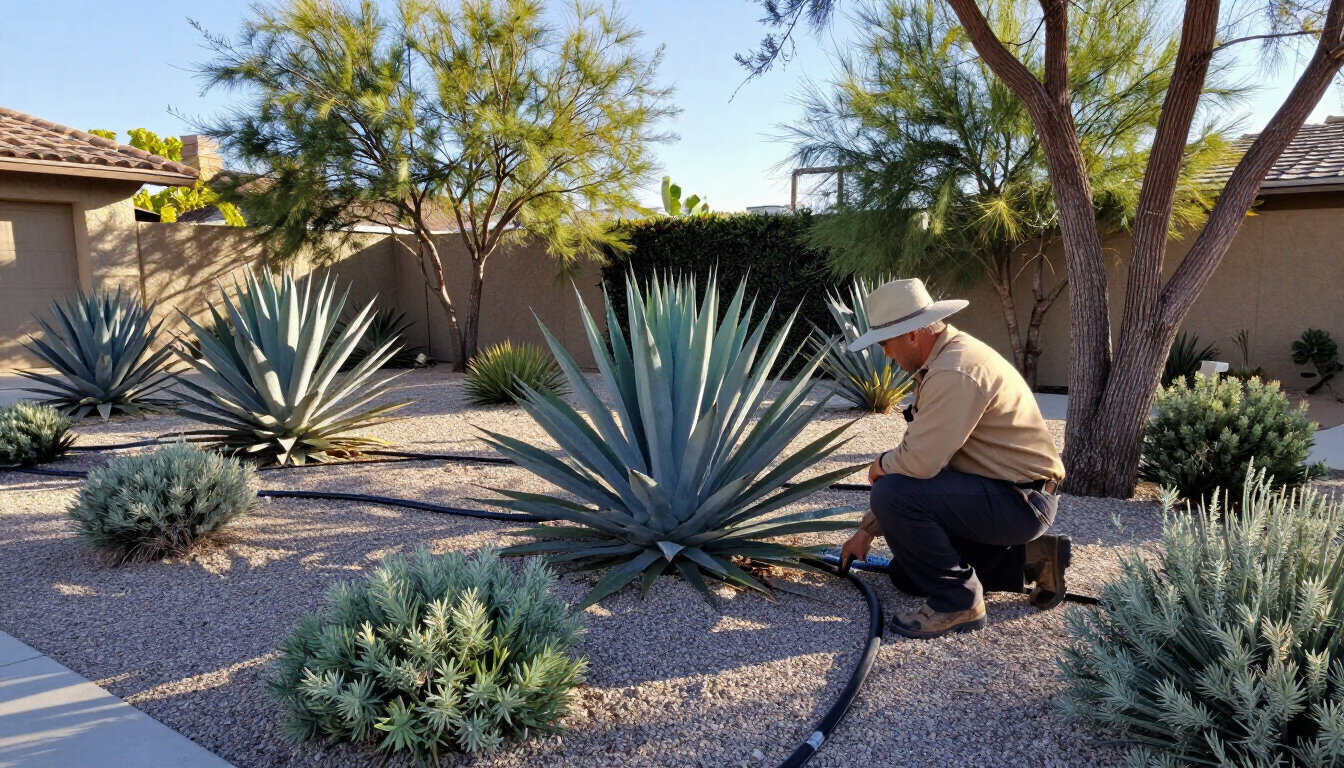Person kneeling in a gravel desert garden, tending a black hose near agave plants and a tree.