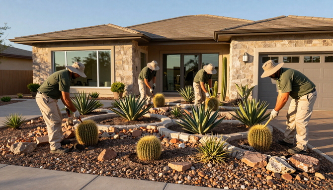Two gardeners planting succulents in a desert-style front yard outside a house
