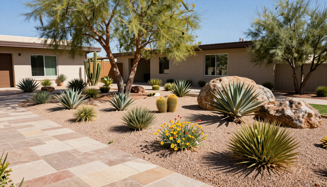 Desert front yard with succulents, gravel, and a house in the background