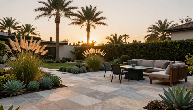 Modern patio with sectional sofa, fire feature, dining table, and desert plants at sunset