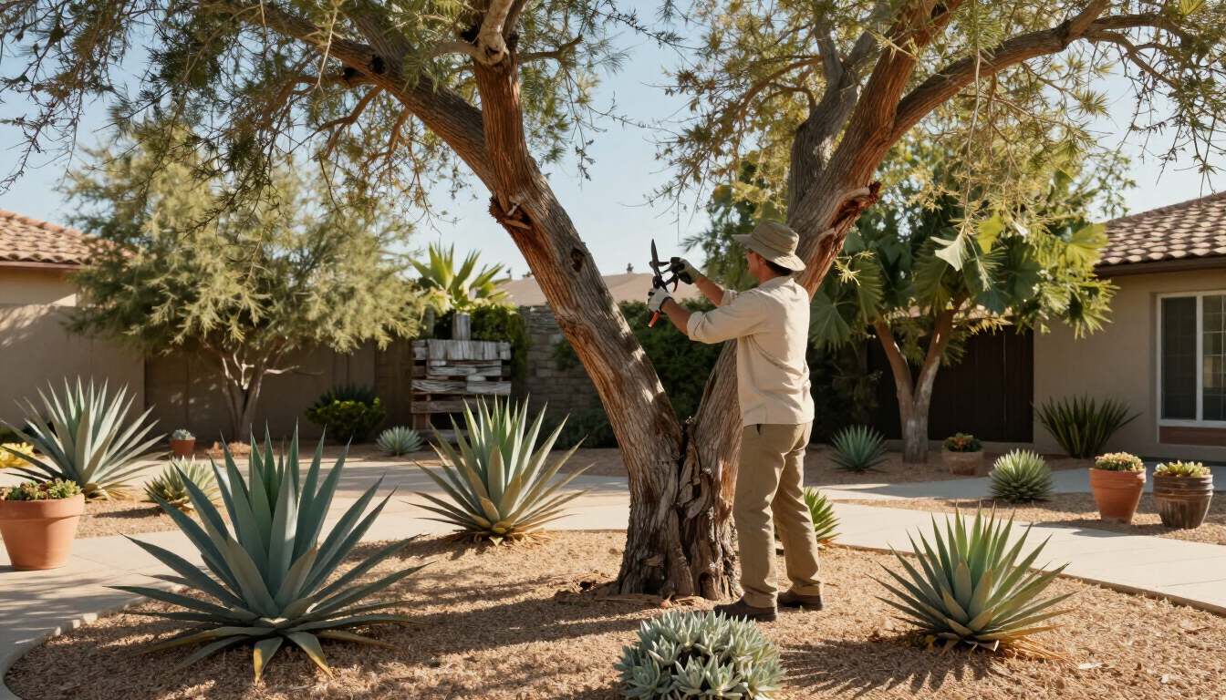 Person pruning a tree in a desert courtyard with agave plants and adobe-style buildings