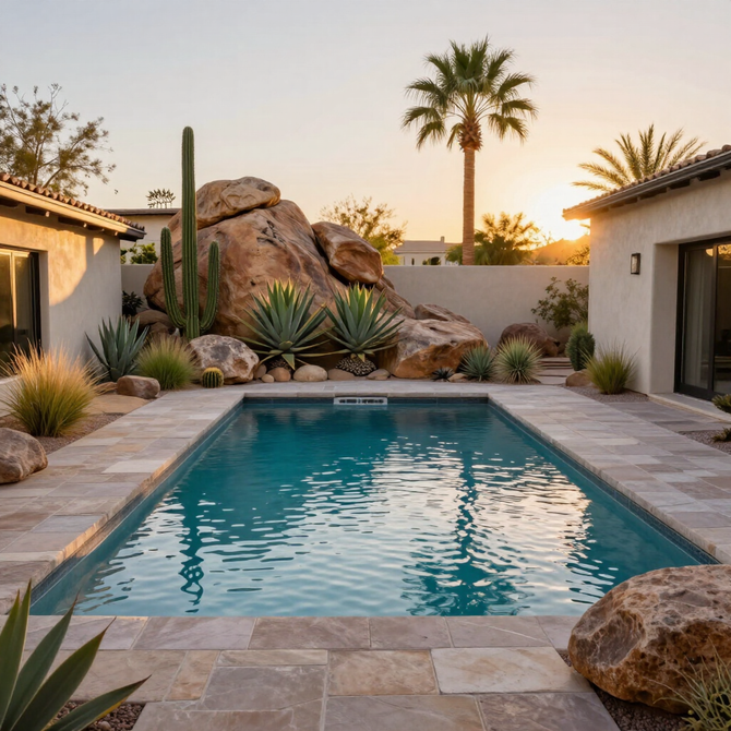 Desert-style backyard pool framed by rocks, palms, and stucco houses at sunset