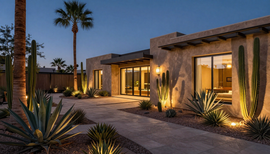 Desert home exterior at dusk with glowing windows, cactus landscaping, and palm trees.