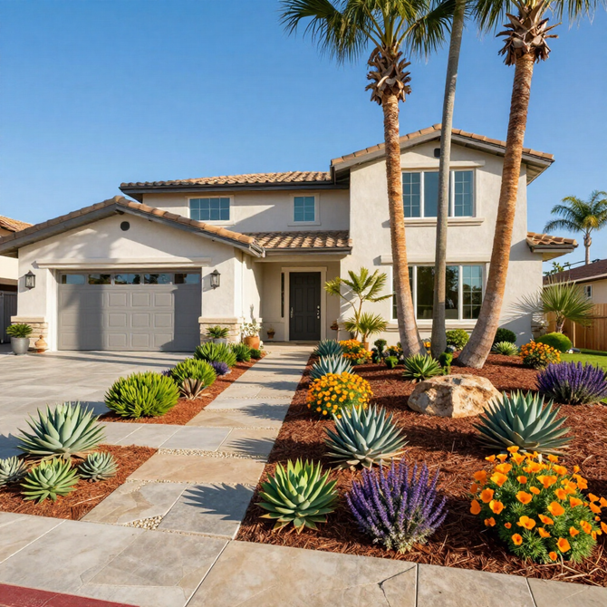 Modern two-story house with a tiled roof, garage, palm trees, and a desert-style front yard with colorful flowers and succulents