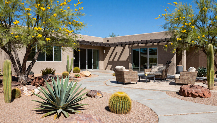 Desert patio with stucco home, potted cacti, rocks, trees, and outdoor seating under a pergola.