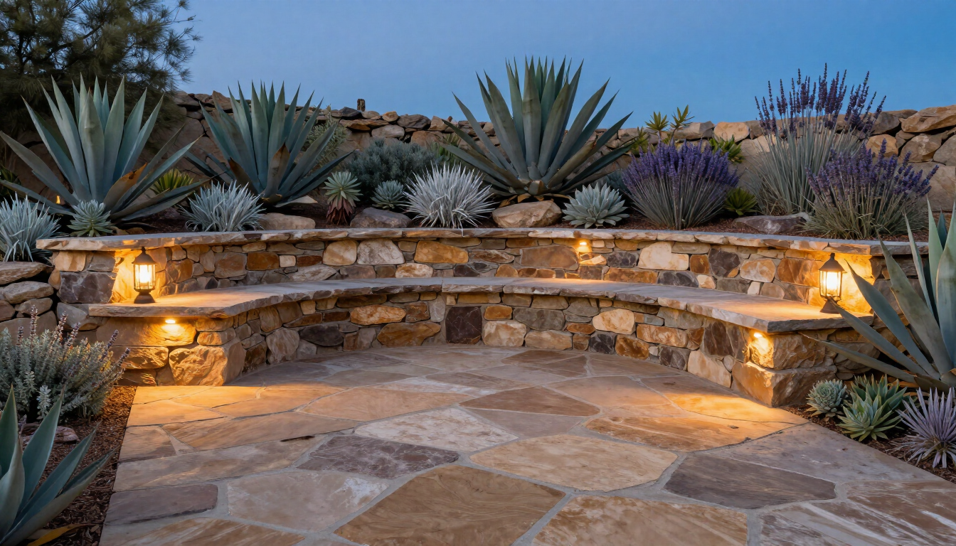 Stone garden patio with built-in benches, agave plants, and warm accent lighting at dusk