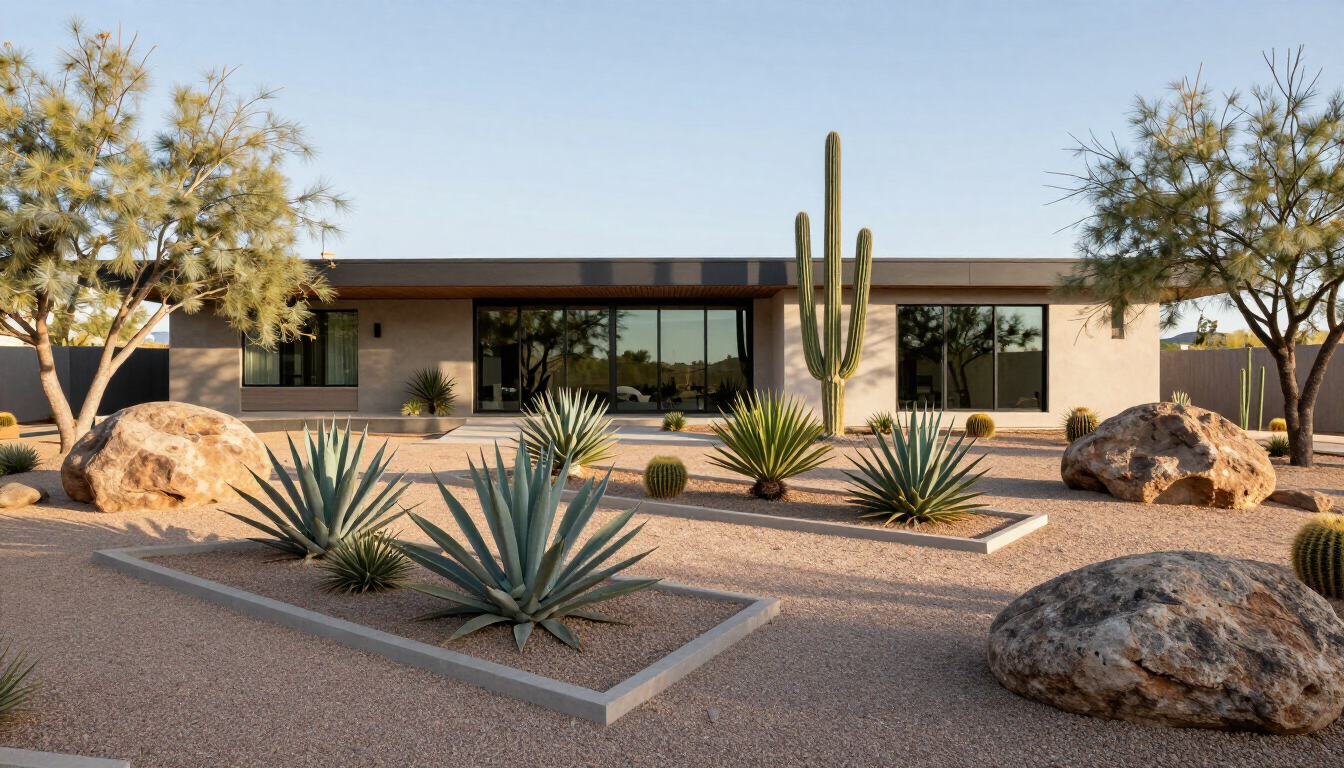 Modern desert home with cacti, rocks, and gravel landscaping in front yard