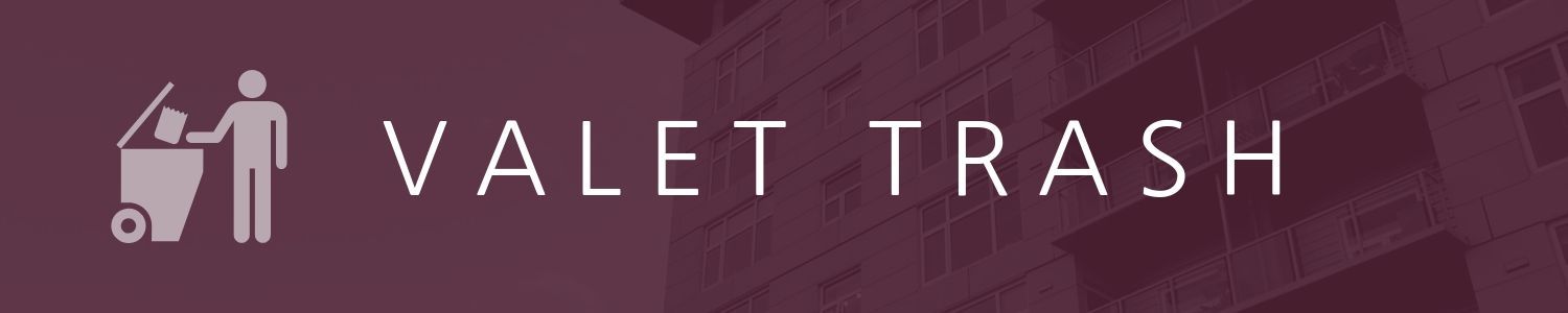 White “VALET TRASH” sign with a person tossing trash into a bin icon on a purple background