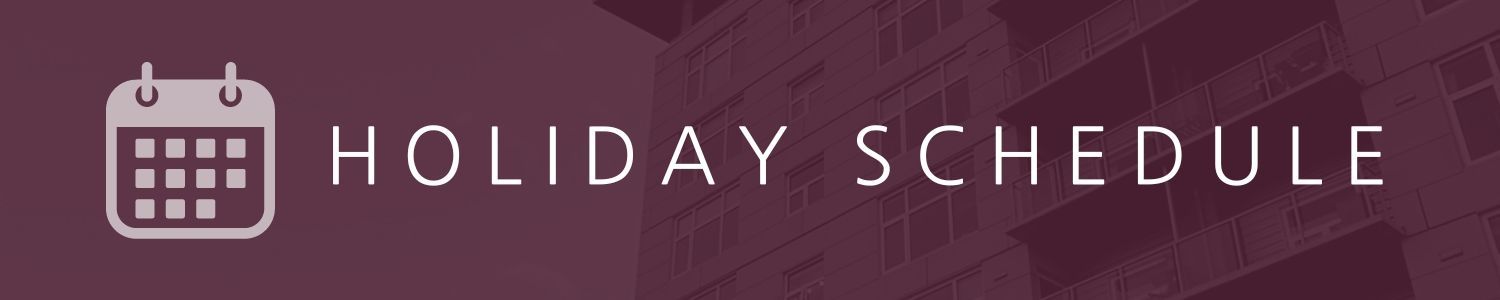 Holiday schedule banner with a calendar icon on a purple background.