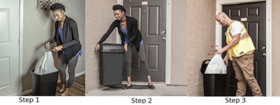 Three-step sequence of a person moving a wheeled bin toward a doorway and stepping over the threshold