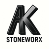 Black AK Stoneworx logo with bold stylized letters and a grayscale shadow effect